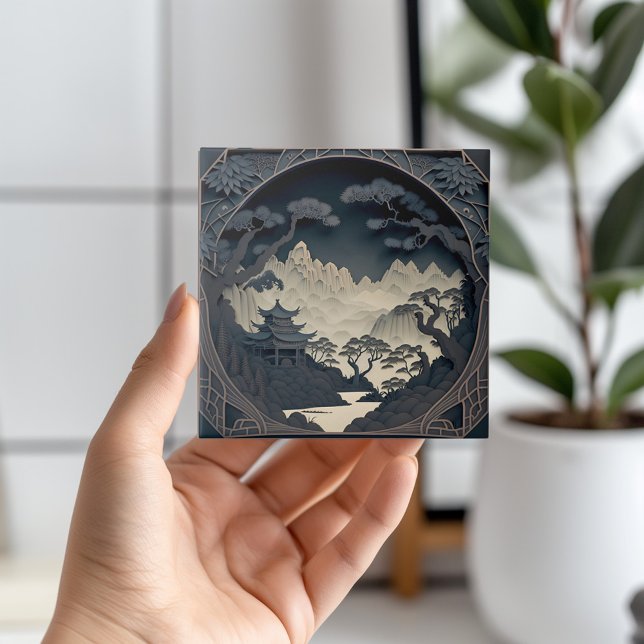 Carreau Carrelage gris paysage chinois encadré 3D (Transform your space with the serene beauty of this Asia ceramic tile. 🌿🏞️ #TranquilVibes)