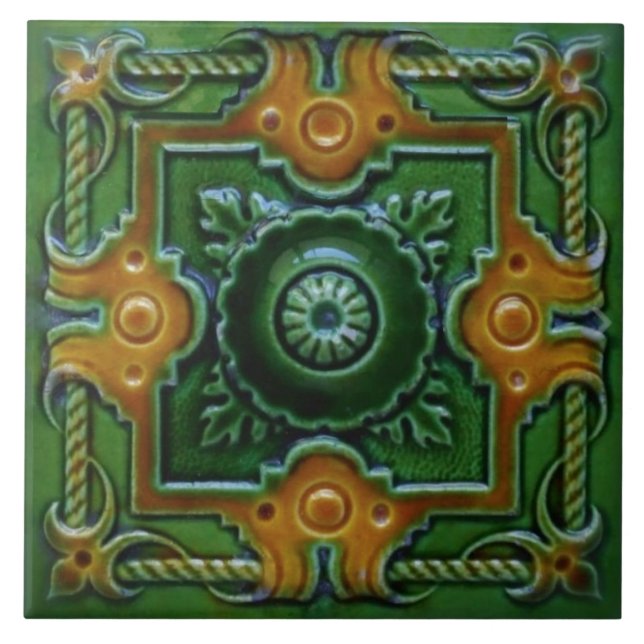 Carreau Carrelage Majolica design victorien vert et ambre (Devant)