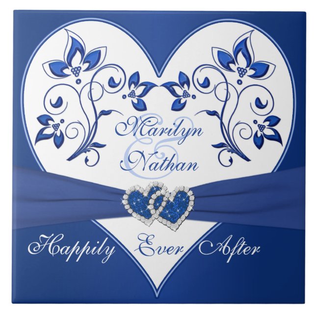 Carreau Carrelage Mariage Royal Blue, Blanc Floral Heart (Devant)