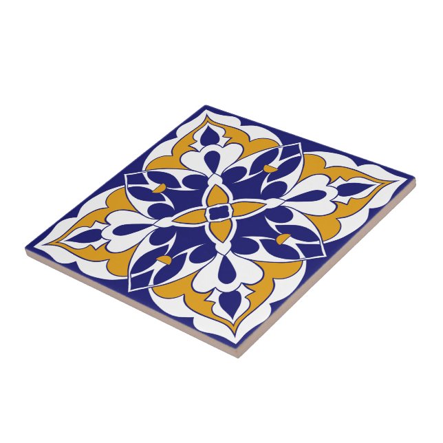 Carreau Carrelage marocain Bleu Jaune Vintage Motif bohème (Côté)