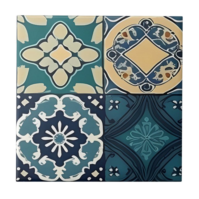 Carreau Carrelage marocain bleu, vert et jaune pâle (Devant)