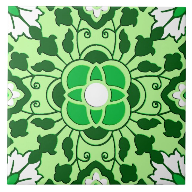 Carreau Carrelage marocain floral, émeraude et vert citron (Devant)