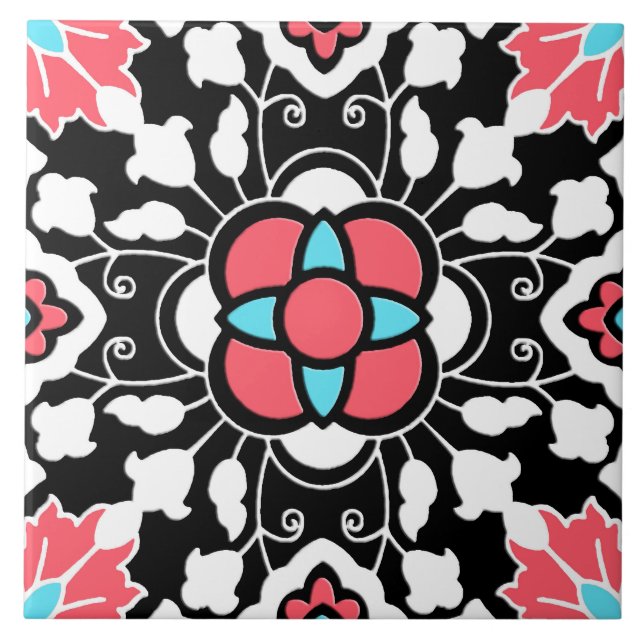 Carreau Carrelage marocain floral, noir, blanc et rose cor (Devant)