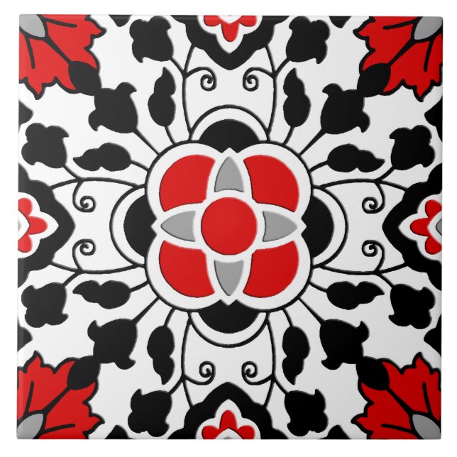Carreau Carrelage marocain floral, rouge profond, noir et  (Devant)