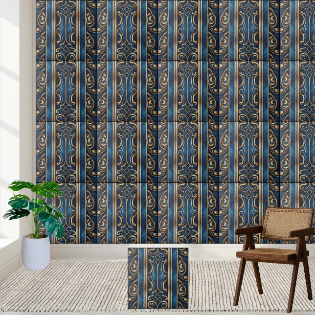 Carreau Carrelage Motif grec bleu et or sophistiqué (Sophisticated Blue and Gold Greek Pattern Tile)