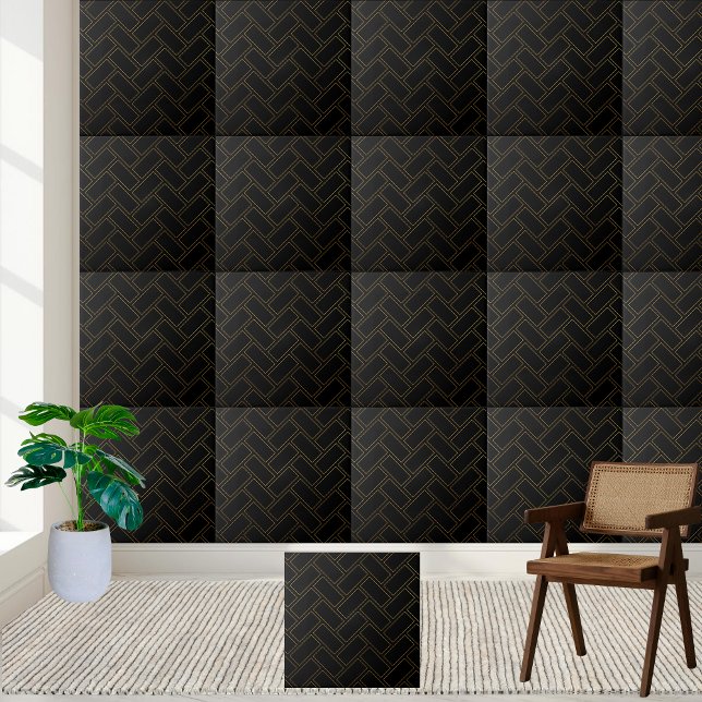 Carreau Carrelage noir et doré (Black and Gold Herringbone Tile)