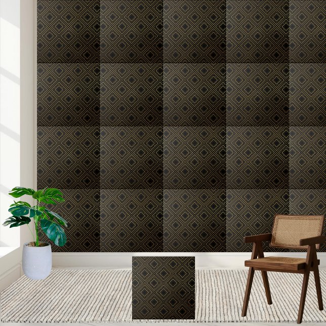 Carreau Carrelage Rhombus géométrique noir et or de luxe (Luxury Black and Gold Geometric Rhombus Tile)