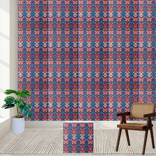 Carreau Carrelage scandinave nordique rouge et bleu floral (Nordic Red and Blue Floral Scandinavian Tile)