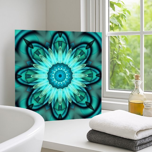 Carreau Carrelage Turquoise géométrique étoile Florale (Ceramic bathroom tile with an original abstract fractal design in turquoise blue, green and teal)