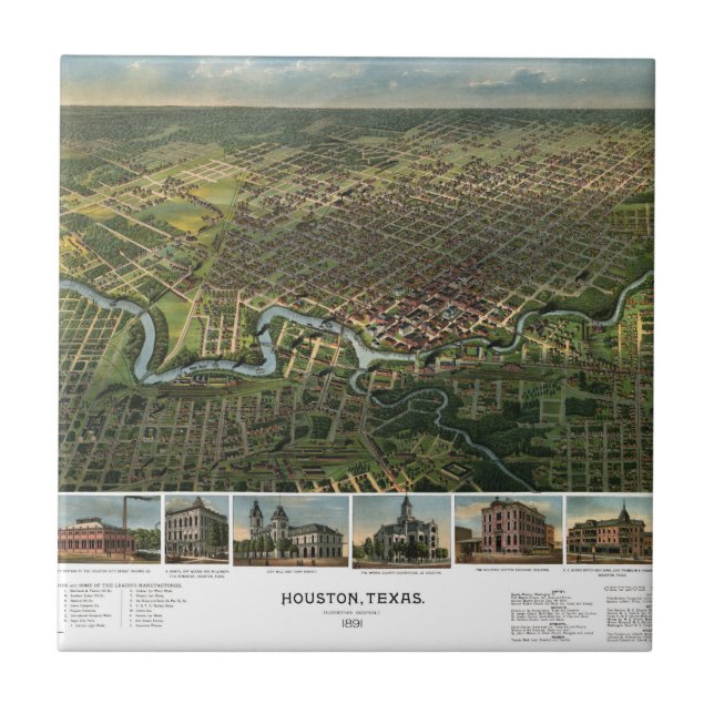 Carreau Carte ancienne de Houston, Texas avec la rivière B (Devant)