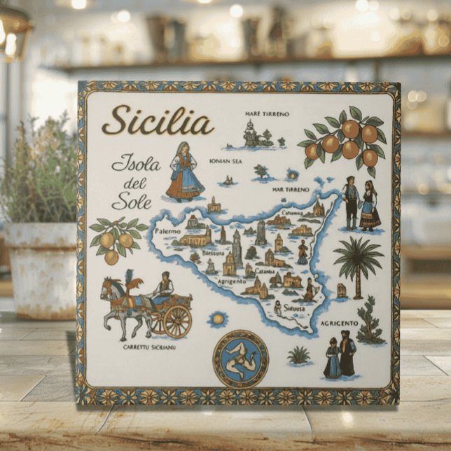 Carreau Carte ancienne du monde de la Sicile (Traditional Old World Map of Sicily Ceramic Tile with Carretto Siciliano - Sicilian heritage gift)