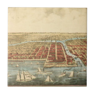 Carreau Carte antique de Chicago, rue LaSalle et rivière