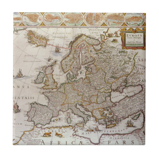 Carreau Carte antique de l'Europe par Willem Jansz Blaeu,  (Devant)