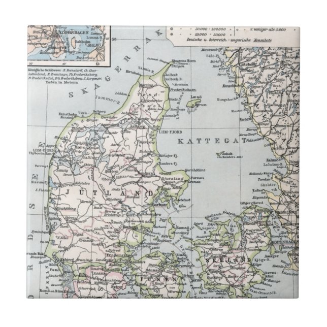 Carreau Carte antique du Danemark, Danmark en danois, 1905 (Devant)
