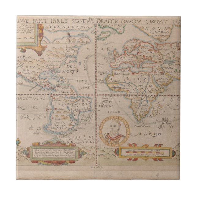 Carreau Carte de la circumnavigation de Drake du globe (Devant)