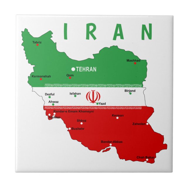 Carreau Carte de l'Iran avec drapeau et emblème (Devant)