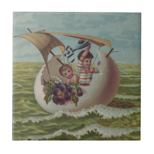 Carreau Carte de Pâques Antique OEufs de voile Enfants
