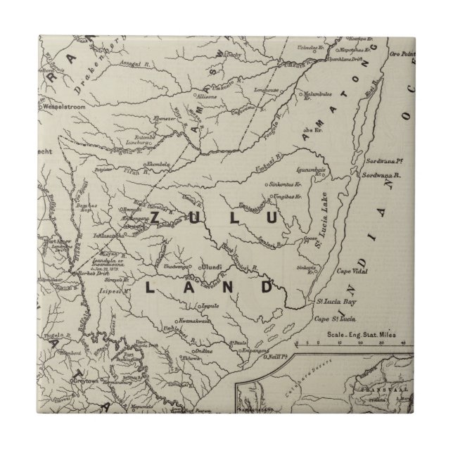 Carreau Carte de Zululand avec les frontières contiguës (Devant)