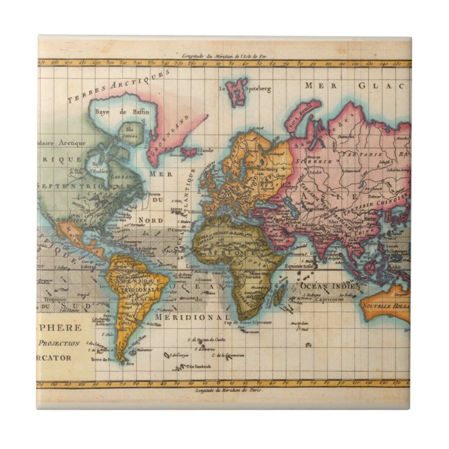 Carreau Carte du Monde 1780 Bonne Antique Planisphère  (Devant)