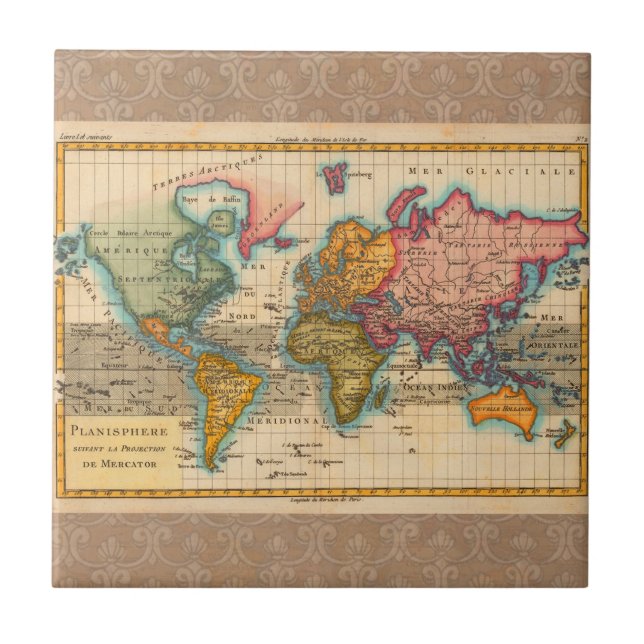 Carreau Carte du Monde 1780 Bonne Antique Planisphère  (Devant)