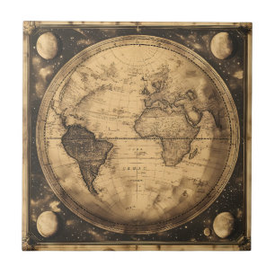 Carreau Carte du monde antique sepia Gravure vintage
