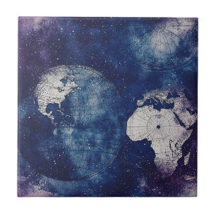 Carreau Carte du monde céleste antique violet cosmique