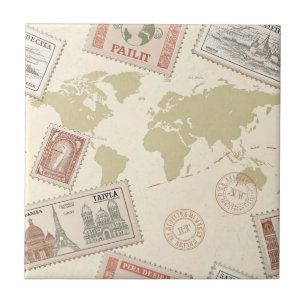 Carreau Carte du monde de timbres-poste vintage Voyage (1)