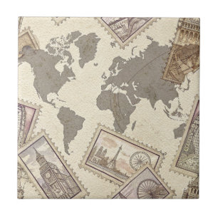 Carreau Carte du monde de timbres-poste vintage Voyage (2)