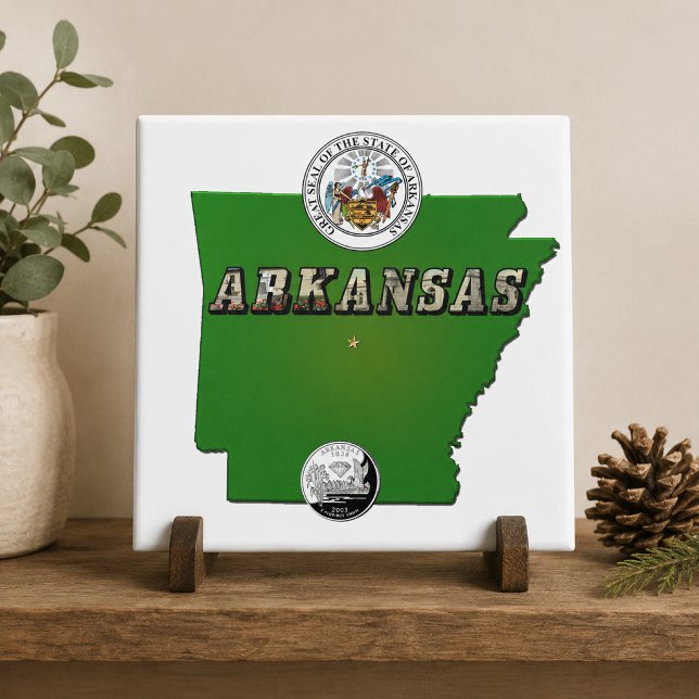 Carreau Carte, sceau et faux quarter de l'Arkansas (Arkansas Map, Seal and State Faux Quarter Ceramic Tile)