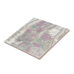 Carreau Carte vintage de NYC et de Brooklyn (1866)