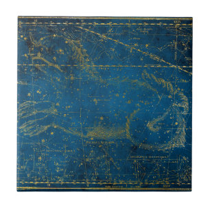 Carreau Carte vintage illustrée d'étoiles bleu moyen et or