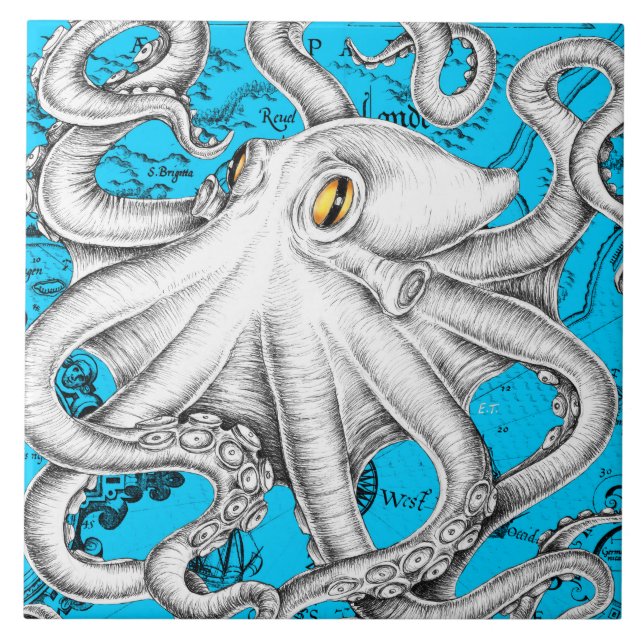 Carreau Carte Vintage Octopus Bleu (Devant)