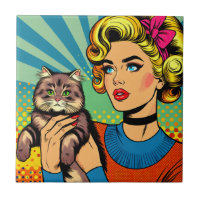 Cartoon Comic Pop Art Femmes tenant un chat