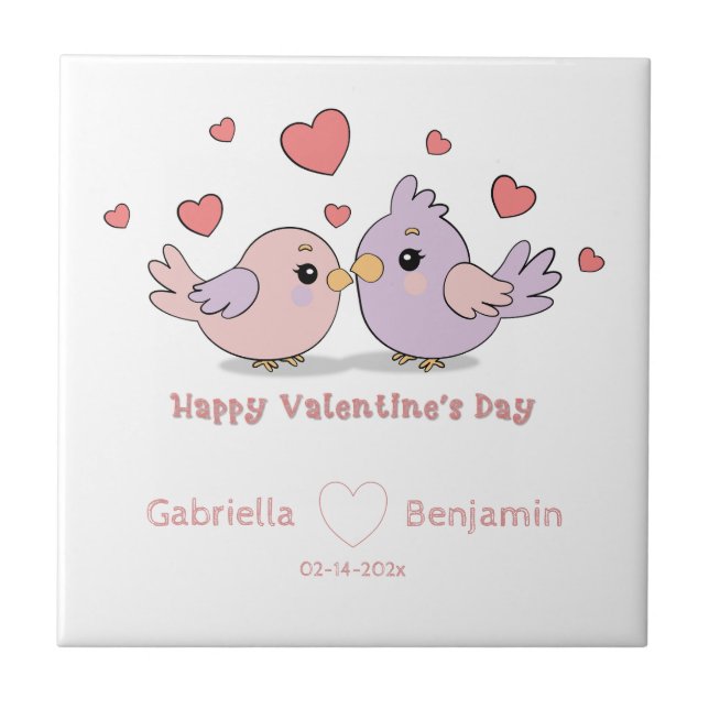 Carreau Cartoon mignon Lovebirds Coeurs roses Saint-Valent (Devant)