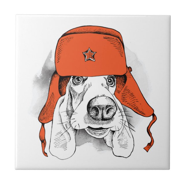 Carreau Casquette rouge de Basset Hound | Ushanka (Devant)