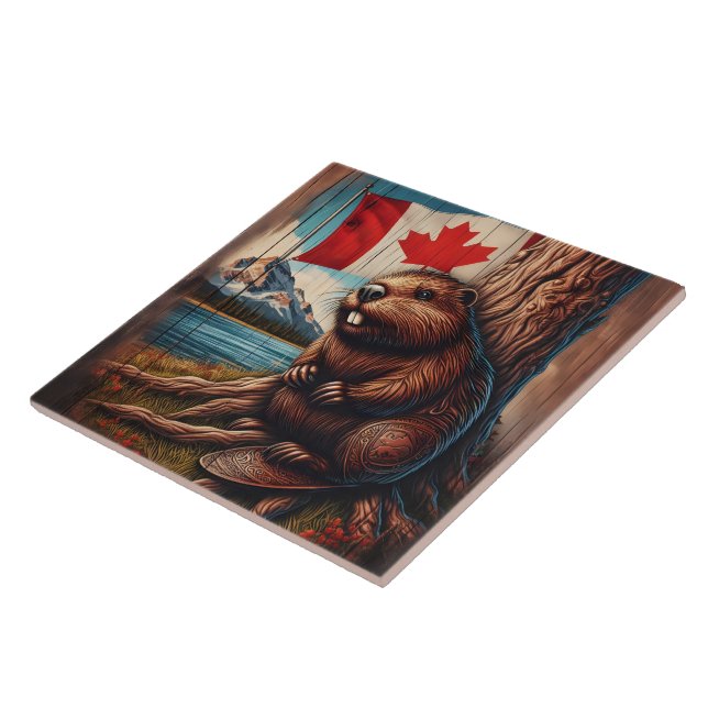 Carreau Castor assis au bord d'un lac avec drapeau canadie (Côté)