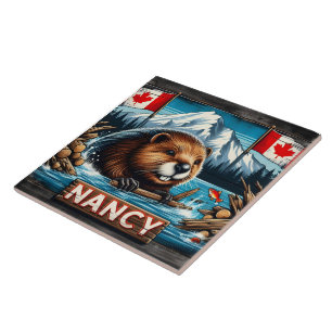 Carreau Castor avec bâton par drapeaux canadiens