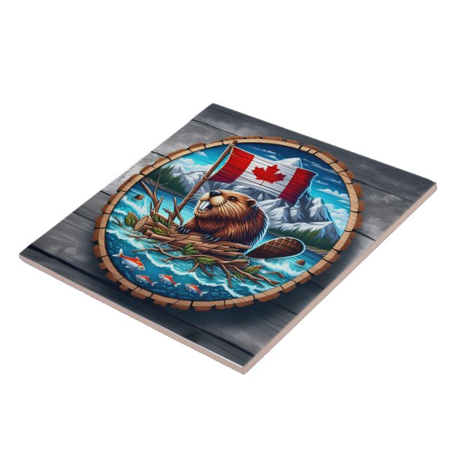 Carreau Castor canadien avec drapeau dans le paysage monta (Côté)