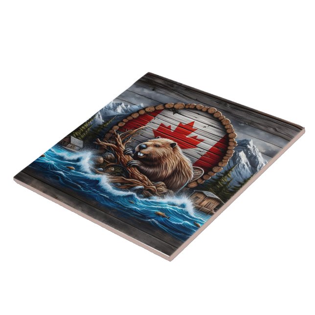 Carreau Castor canadien devant le paysage montagnard (Côté)