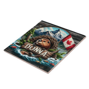 Carreau Castor Canadien Près Du Lac Avec Montagnes Rocheus