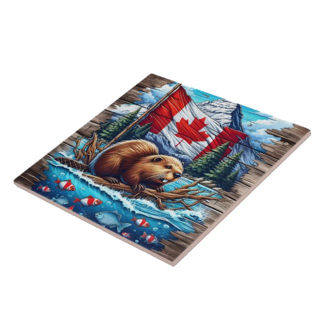 Carreau Castor canadien sur le lac avec drapeau canadien (Côté)