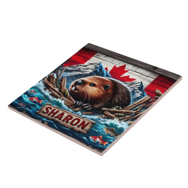 Carreau Castor par eau avec drapeau canadien (Côté)