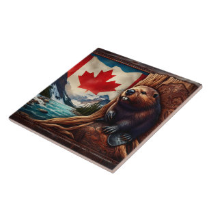 Carreau Castor Par Rivière Avec Drapeau Canadien