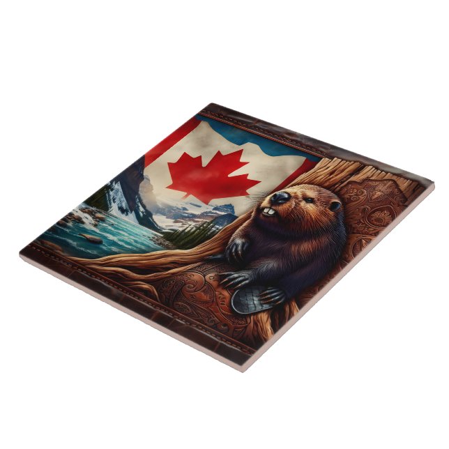 Carreau Castor Par Rivière Avec Drapeau Canadien (Côté)