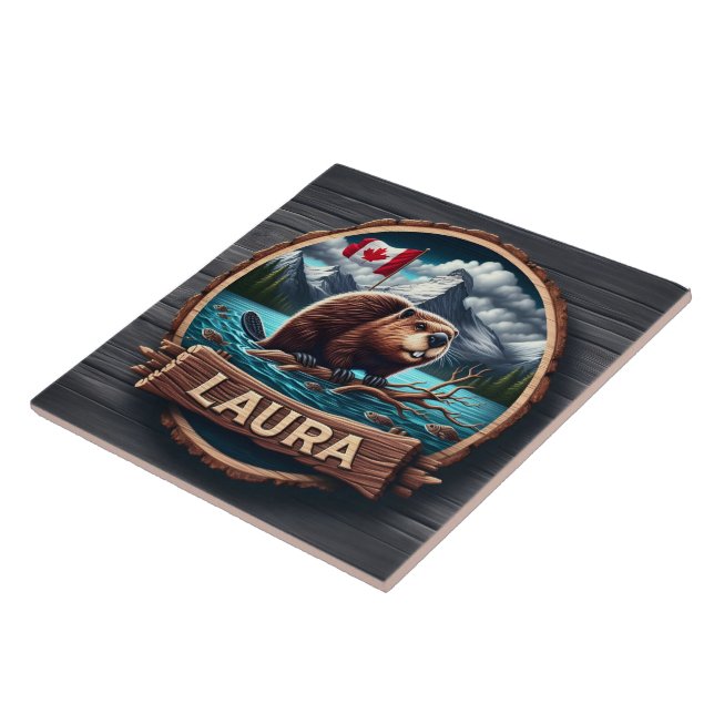 Carreau Castor sur un lac en bois avec drapeau canadien (Côté)