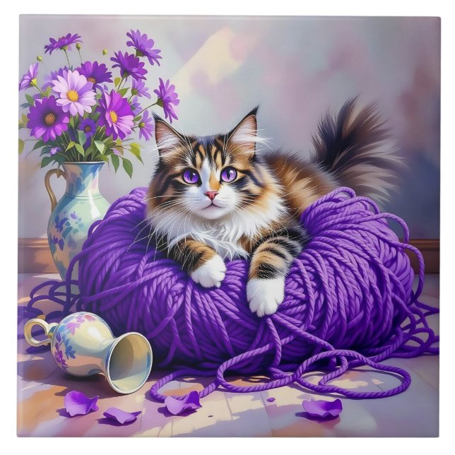 Carreau Cat  in Purple Yarn and Flowers   (Devant)