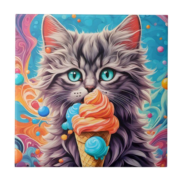Carreau Cat Manger Ice Cream Cone Drôle Kitten Cat 779 (Devant)