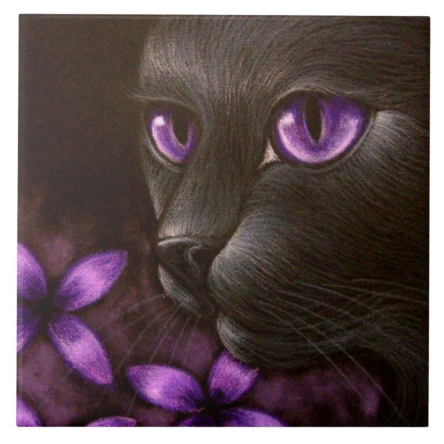 Carreau CAT NOIR avec la TUILE VIOLETTE de FLEURS (Devant)