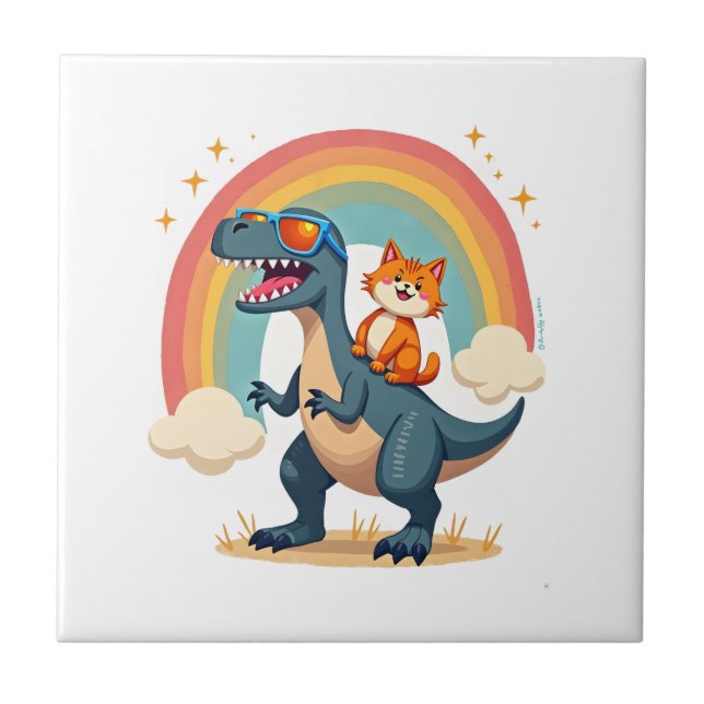 Carreau Cat Riding Dinosaur T-Rex Kitten Rainbow Dino Funn (Devant)
