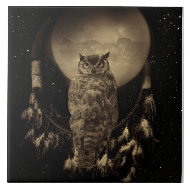 Carreau Catcher de rêve amérindien avec Chouette et Chevau (Devant)